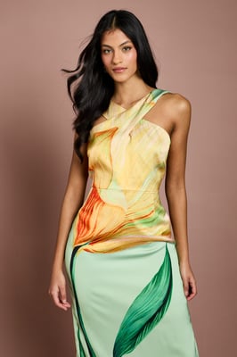 Petite Large Scale Floral Placement Print Halterneck Pencil Dress