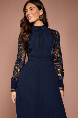 Long Sleeve Lace and Pleated Midi Shirt Dress