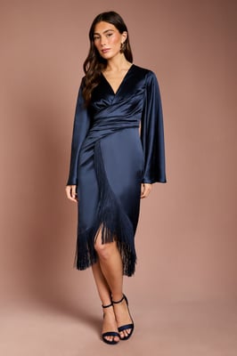 Satin Fringe Hem Wrap Waist Midi Dress