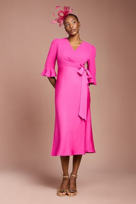 Ruffle Sleeve Satin Back Crepe Wrap Dress