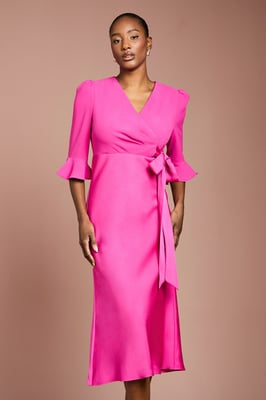 Ruffle Sleeve Satin Back Crepe Wrap Dress