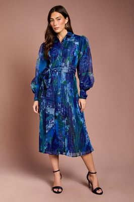 Organza Floral Pleated Midi Shirt Dress