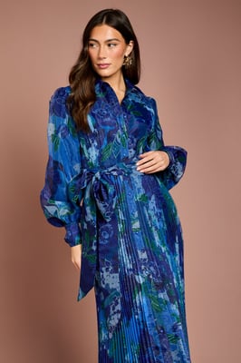 Organza Floral Pleated Midi Shirt Dress