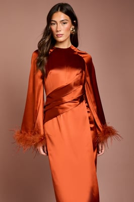 Feather Trim Satin Maxi Dress