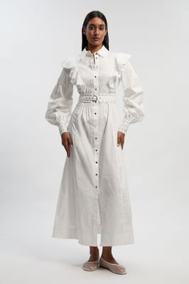 Petite Cotton Sateen Drama Sleeve Studded Woven Maxi Shirt Dress