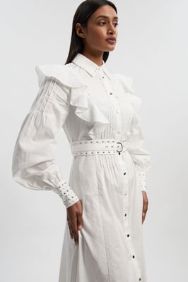 Petite Cotton Sateen Drama Sleeve Studded Woven Maxi Shirt Dress