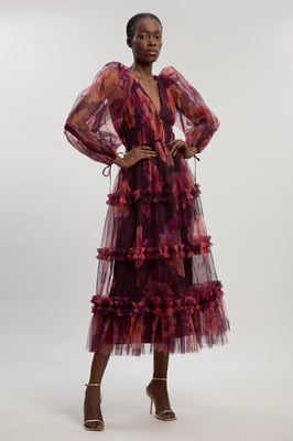 Floral Tulle Balloon Sleeve Plunge Woven Maxi Dress