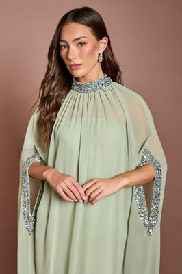 Chiffon Cape Style Sequin Maxi Dress