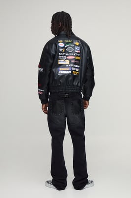 Boxy Fit PU Rodeo Applique Badge Varsity Bomber Jacket