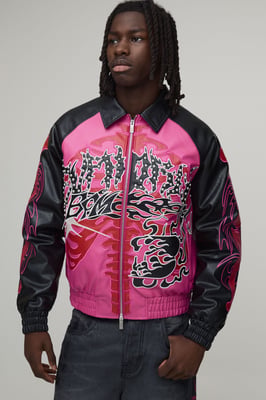 Boxy Fit Euphoric Graphic Skeleton PU Applique Varsity Jacket