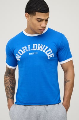 Blue Regular Print Raw Hem Ringer T-Shirt
