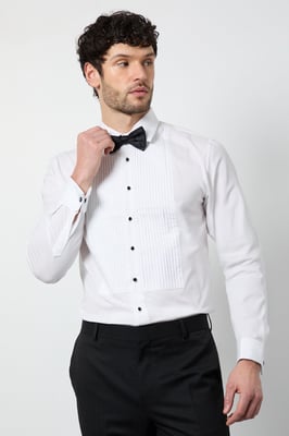 White Pleat Front Skinny Fit Long Sleeve Dress Shirt