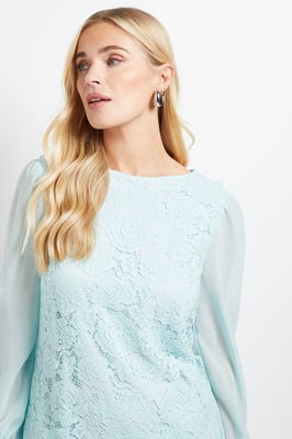 Petite Lace Chiffon Cowl Back Shift Dress