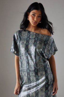 Snake Sequin Fallen Shoulder Slouchy Mini Dress