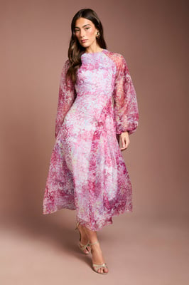 Organza Wrap Waist Puff Sleeve Midi Dress