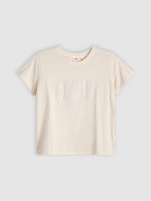 Womens Srt Applique Varsity Logo White Swan Graphic Print Boxy T-Shirt