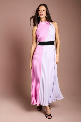 Colour Block Pleated Contrast Belt Maxi Dress
