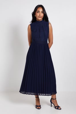 PETITE LACE INSERT PLEATED MIDI DRESS