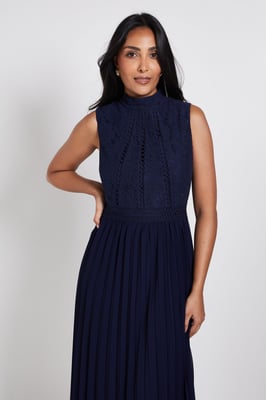 PETITE LACE INSERT PLEATED MIDI DRESS