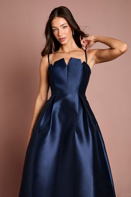 Notch Neck Detail Twill Midi Dress