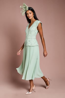 Petite V Neck Lace Bodice Peplum Midi Dress