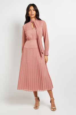 Clipped Tie Neck Pleated Shirt Dress