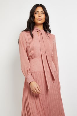 Clipped Tie Neck Pleated Shirt Dress