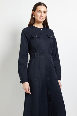 Utility Pocket Collarless Shirt Dress