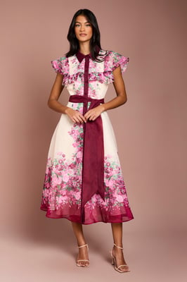 Petite Placement Print Frill Midi Dress