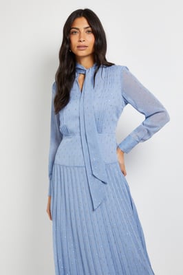 Clipped Tie Neck Pleated Shirt Dress