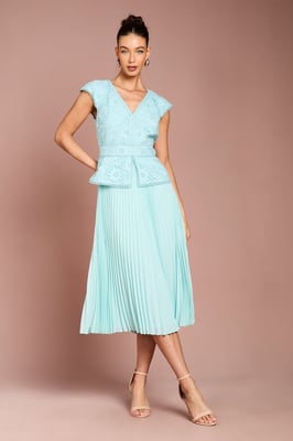 V Neck Lace Bodice Peplum Midi Dress