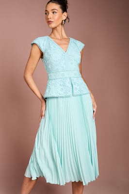 V Neck Lace Bodice Peplum Midi Dress