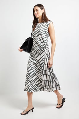 Ruched Side Asymmetric Sleeve Midi Dress