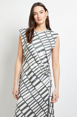 Ruched Side Asymmetric Sleeve Midi Dress