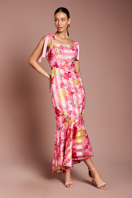 Printed Organza Burnout Bow Shoulder Midi Dress