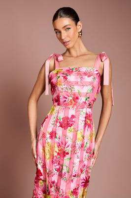 Printed Organza Burnout Bow Shoulder Midi Dress