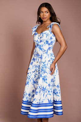 Cotton Twill Panelled Fit And Flare Midi Dress