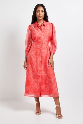 Petite Floral Organza Button Midi Dress