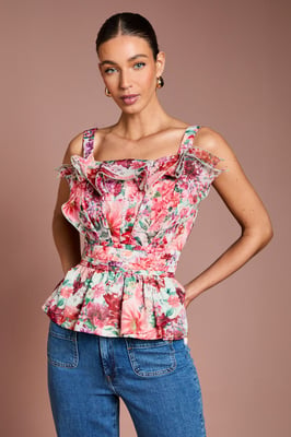Organza Floral Ruffle Fan Detail Top