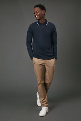 Navy Long Sleeve Pique Polo Shirt