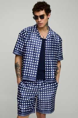 Oversized Boxy Short Sleeve Check Satin Shirt & Short Set