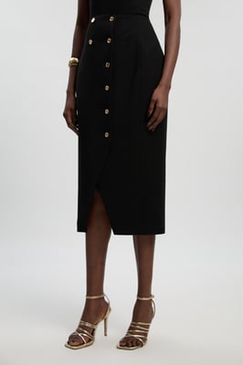 Textured Compact Stretch Button Detail Midi Skirt