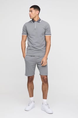 Slim Fit Pique Interlock Stripe Polo and Shorts Set