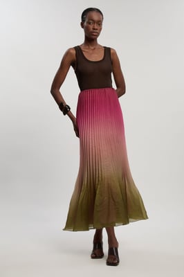 Pleated Slub Organdie Woven Maxi Skirt