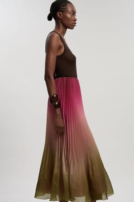 Pleated Slub Organdie Woven Maxi Skirt