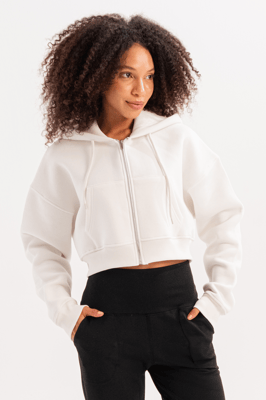 JUSTEVER Crop Hooded Zippered Kangaroo Pocket Raised Hoodie Ecru Damtröja - Lumen
