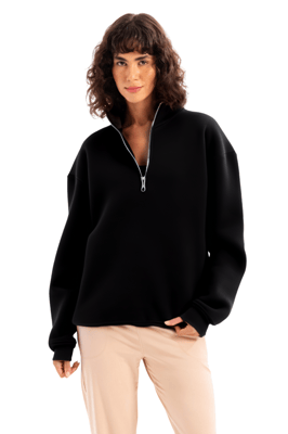 JUSTEVER Oversize Fit Stand Collar Halv Dragkedja Upphöjd Svart Damtröja - Cass