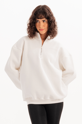 JUSTEVER Oversize Fit Stand Collar Semi-Zippered Relief Ecru Damtröja - Cass