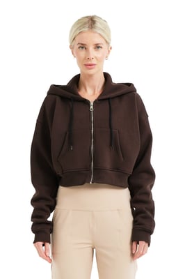 JUSTEVER Crop Hooded Zippered Kangaroo Pocket Raised Hoodie Bitter Coffee Damtröja - Lumen