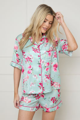 Sage Floral Satin Printed Short Nightwear set